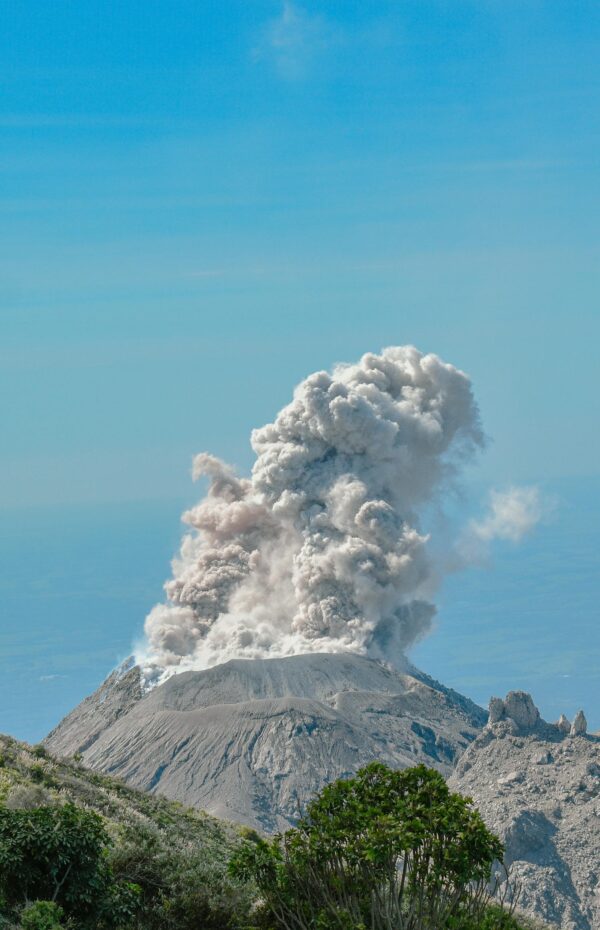 Active volcanic eruption with ash plume at Santa Maria Volcano, Guatemala.