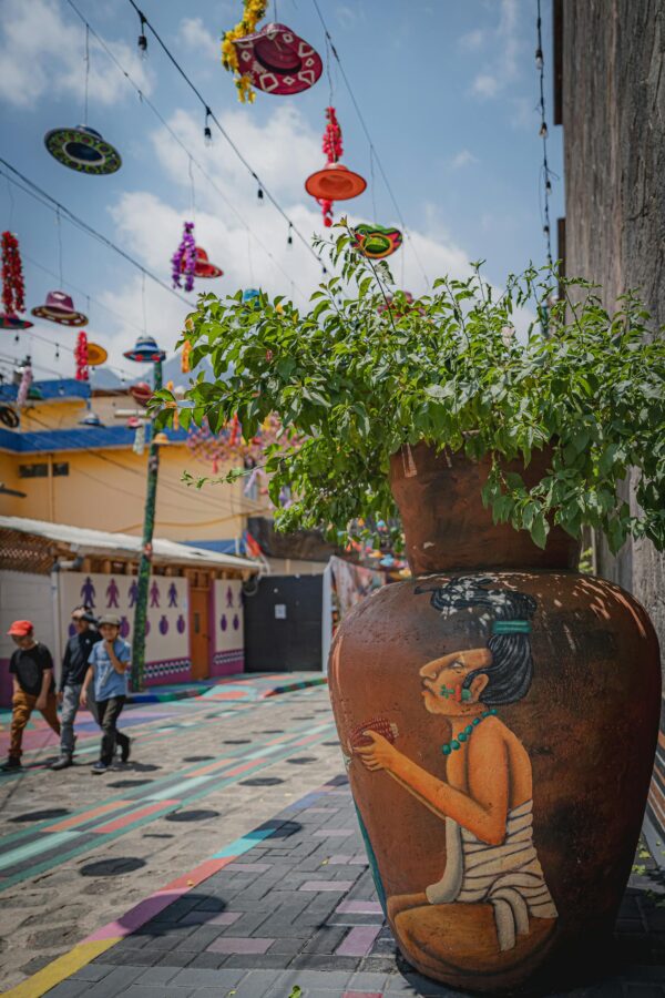 Vibrant street art with festive decorations in Panajachel, Guatemala.