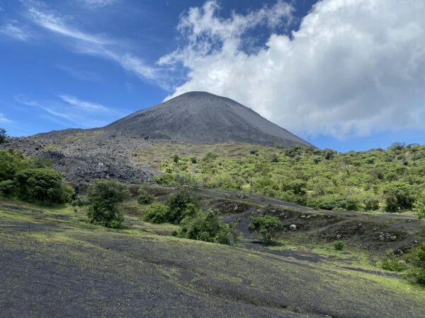 Lush green landscape with Pacaya Volcano under a blue sky in Guatemala.